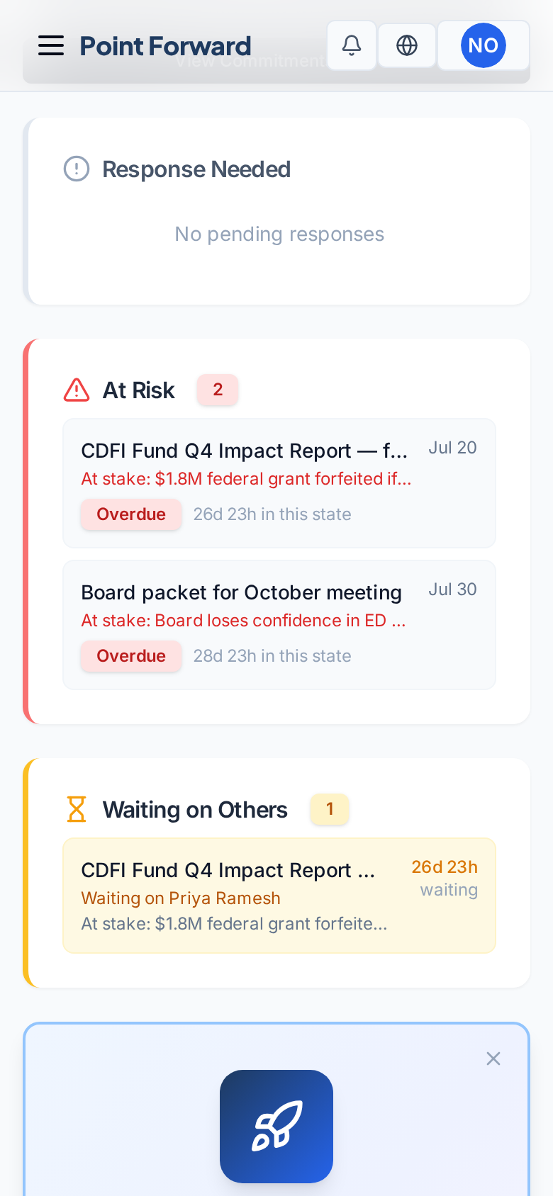 Point Forward mobile dashboard showing an At Risk grant and a stuck handoff