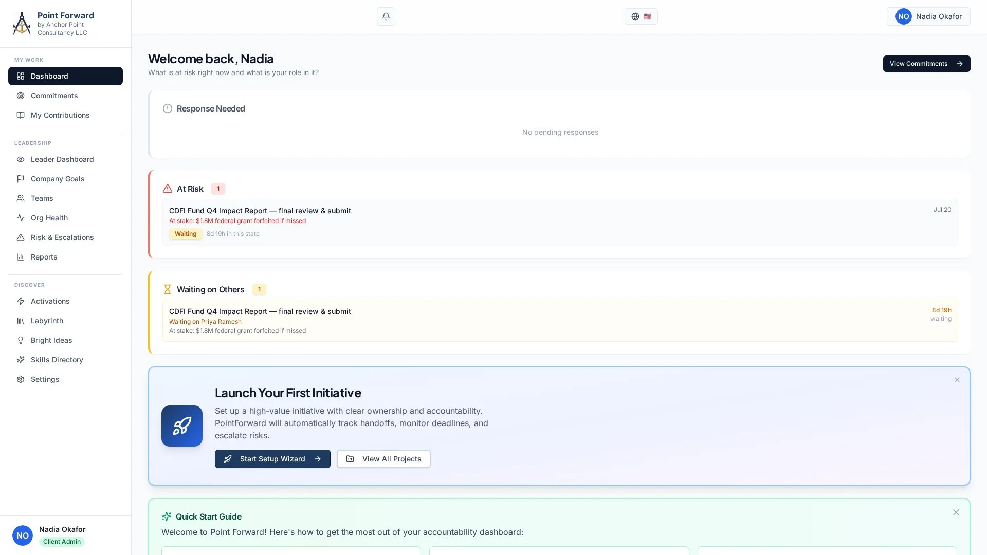 At-Risk dashboard: Loan A blocked with rate-lock expiry consequence, Loan B waiting on Credit Risk signoff with audit-finding consequence, time-in-state and waiting-on relationships visible.